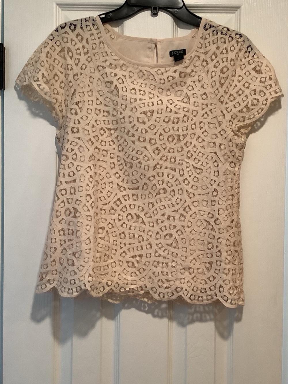 J. Crew Women's Cream Lace Overlay Short Sleeve Top